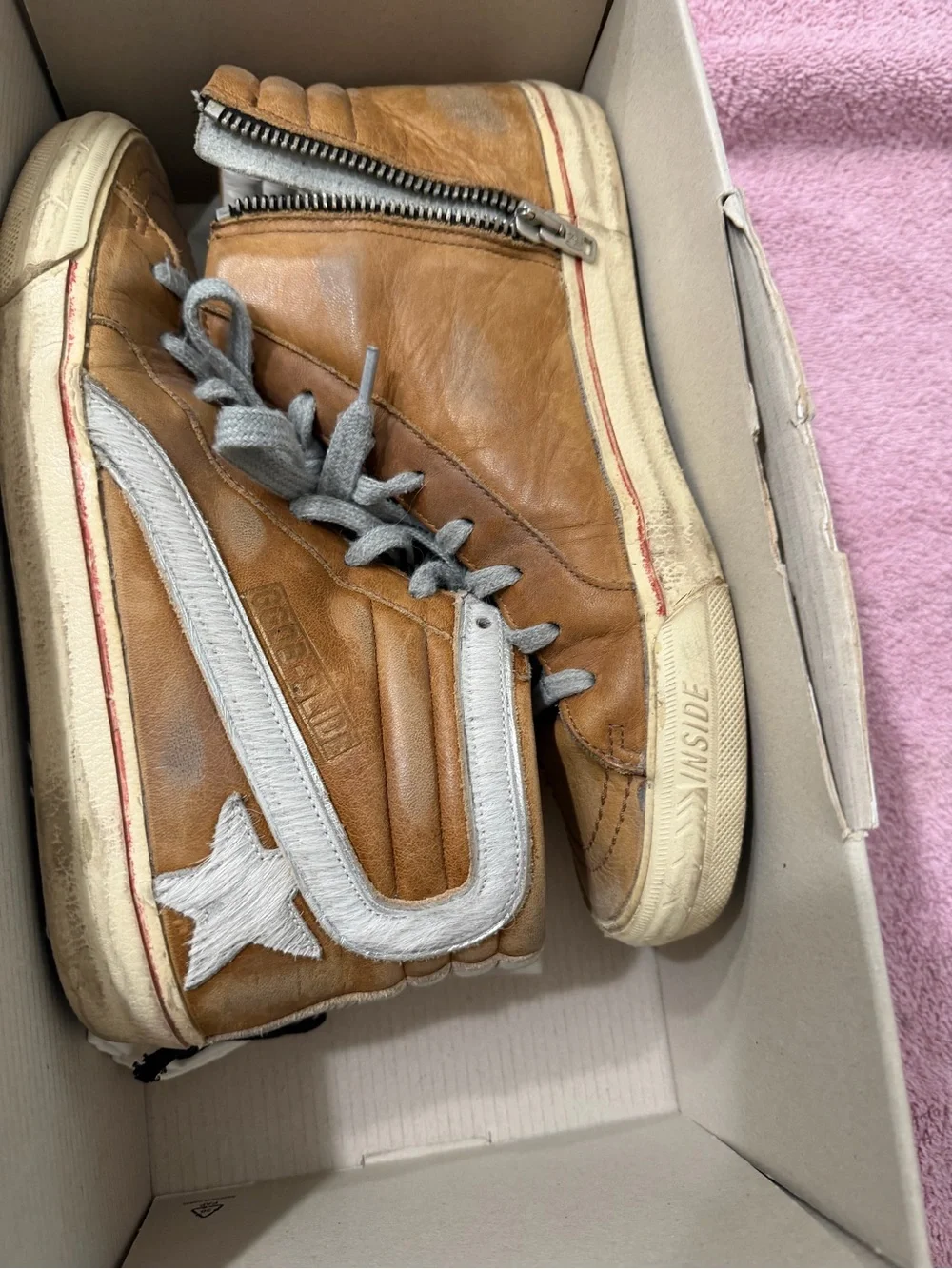 Golden Goose Tan Leather High-Top Sneakers with White Stripe